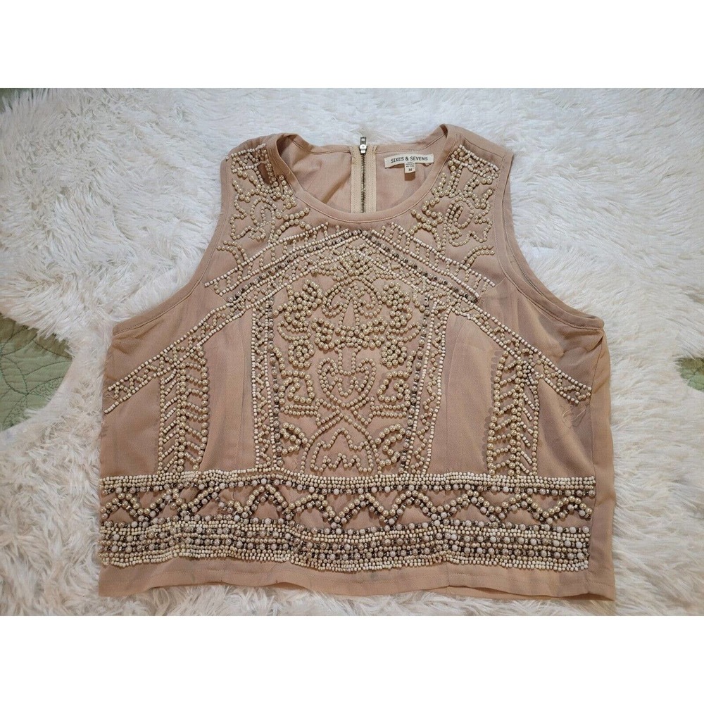 Sixes & Sevens Ladies Sz M Crop Top Tank Blouse Pearls Beads Pink Zip